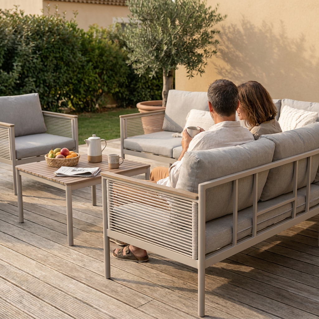 Couple attablé autour d'un salon de jardin d'angle en aluminium sable, mobilier durable en occasion